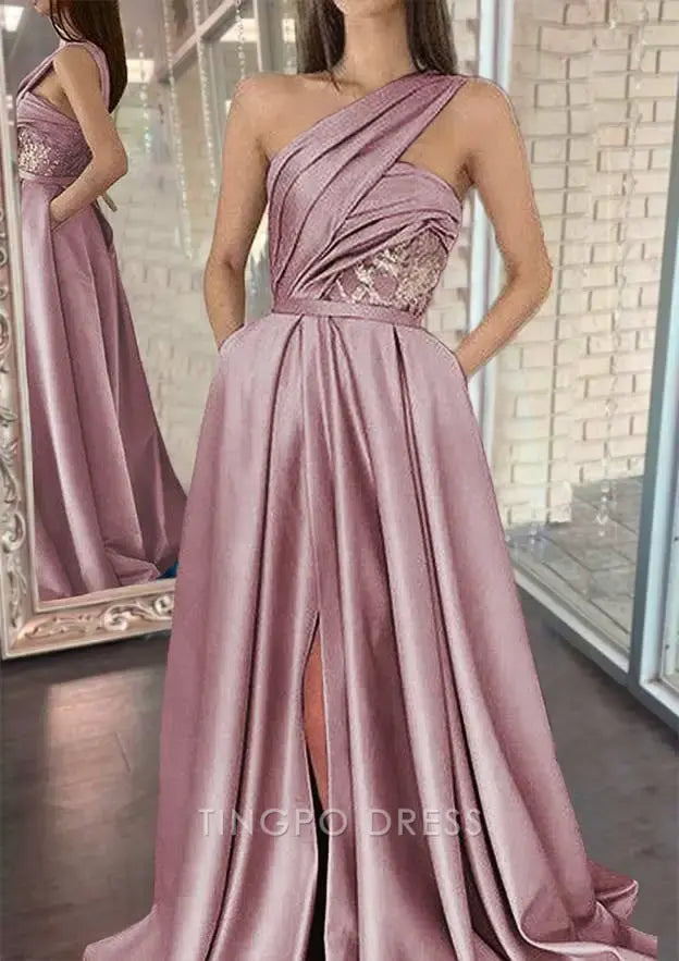 TingPo Wholesale Elegant A-line One-Shoulder Sleeveless Sweep Train Satin Prom Dresses With Split Pleated